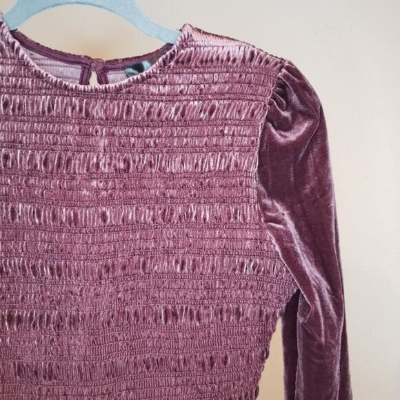 NWT Wine Velvet Smocked Puff Sleeve Mini Dress Size Small - Picture 4 of 9